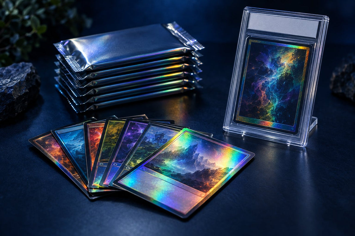 Holographic trading cards fanned out on a dark table